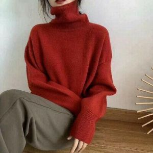 Knitted Turtleneck Sweater Women Loose Oversized Pullover Sweaters Jumper Jacket