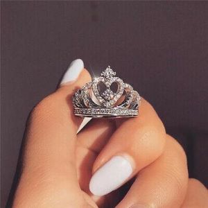 925 Silver Women Crown Jewelry Rings White Sapphire Wedding Ring Size 6-10