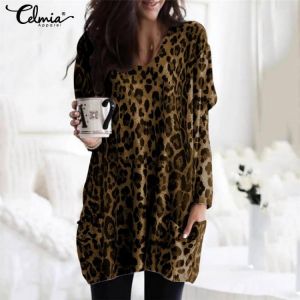 KOKY Celmia Vintage Long Sleeve Tunic Tops Women Sexy V-Neck Blouses Pockets Casual Leopard Print Shirt Elegant Work Blusas Femininas