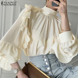 KOKY ZANZEA Fashion Lady Blouse 2021 Autumn Solid Puff Sleeve Tunic Womens Chic French Elegant Blusa Party Office Stylish Ruffle Tops