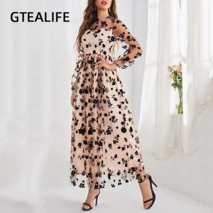 KOKY GTEALIFE Women Autumn Winter Lantern Long Sleeve High Waist Floral Print Mesh A-line Max Elegant Dress Office Lady Organza