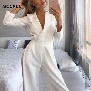 KOKY Women's Solid Deep V Jumpsuits Long Sleeve High Waist Wide Leg Rompers 2021 Autumn Loose Office Lady's Junpsuit Casual E