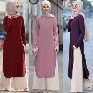 KOKY מוצרים של מוסלמים Muslim Abaya Dress Long Tops Arab Turkey Dubai Brief Solid Side Split O Neck Long Sleeve Top Eid Ranmadan Islamic Clothing Ropa
