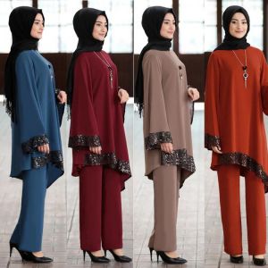 KOKY מוצרים של מוסלמים Ramadan 2 Piece Set Muslim Women Turkey Asymmetry Abaya Blouse Wide Leg Pants Kaftan Eid Suits Islamic Clothes Djellaba Musulman