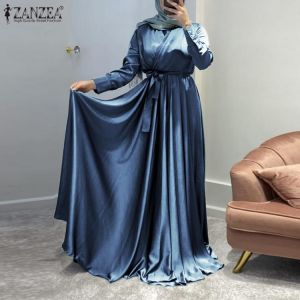 Fashion Muslim Women Satin Dresses Spring Long Sleeve Maxi Dress ZANZEA Casual Solid Loose Belted Abaya Kaftan Party Robe