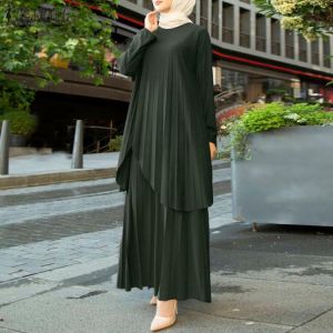 ZANZEA 2-piece Muslim Women Long Sleeve Pleated Blouse Loose Pant Sets Suit Fashion Solid Top Vintage Sets Casual Wide Leg Pants