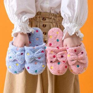 Women Winter Home Slippers Polka Dots Bowknot Non-Slip Soft Winter Warm House Slippers Indoor Bedroom Lovers Couples Floor Shoes
