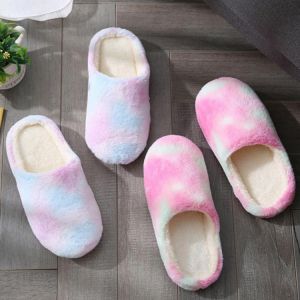 2021 Women Winter Indoor Warm Home Slippers Couples Bedroom Rainbow Colors Non-slip Soft Bottom Female and Male Home Slippers