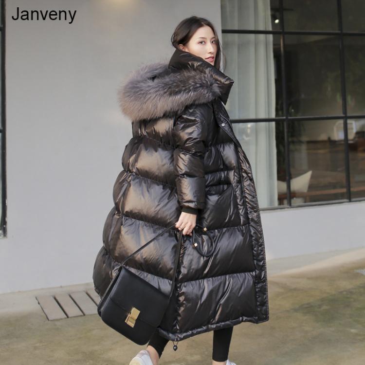 KOKY Janveny 2021 Long Down Jacket Women Winter Black Loose Real Raccoon Fur Hooded Fashion Waterproof Female Duck Down Puffer Coat